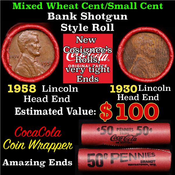 Mixed small cents 1c orig shotgun roll, 1958-p Lincoln Cent, 1930-p Lincoln Cent other end, Coca-Col