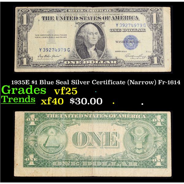1935E $1 Blue Seal Silver Certificate (Narrow) Fr-1614 Grades vf+