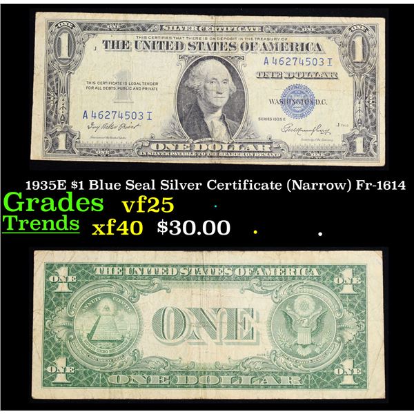 1935E $1 Blue Seal Silver Certificate (Narrow) Fr-1614 Grades vf+