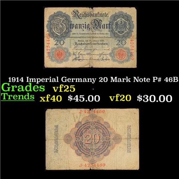 1914 Imperial Germany 20 Mark Note P# 46B Grades vf+