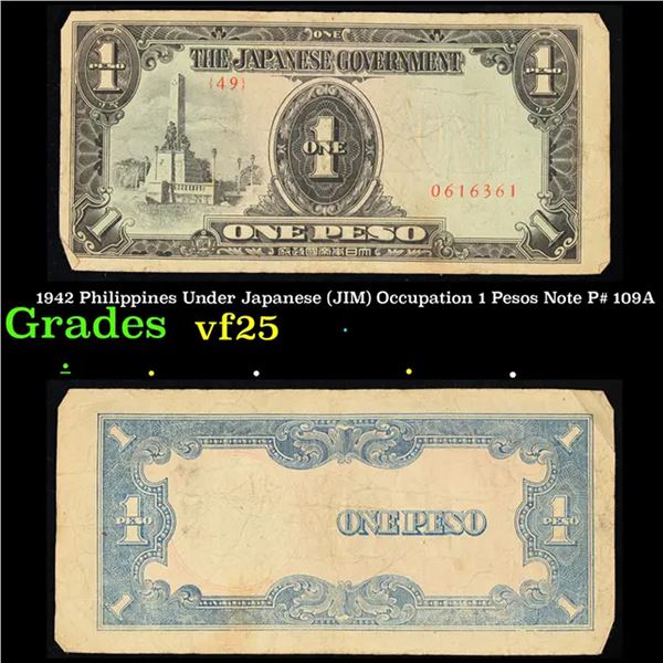 1942 Philippines Under Japanese (JIM) Occupation 1 Pesos Note P# 109A Grades vf+