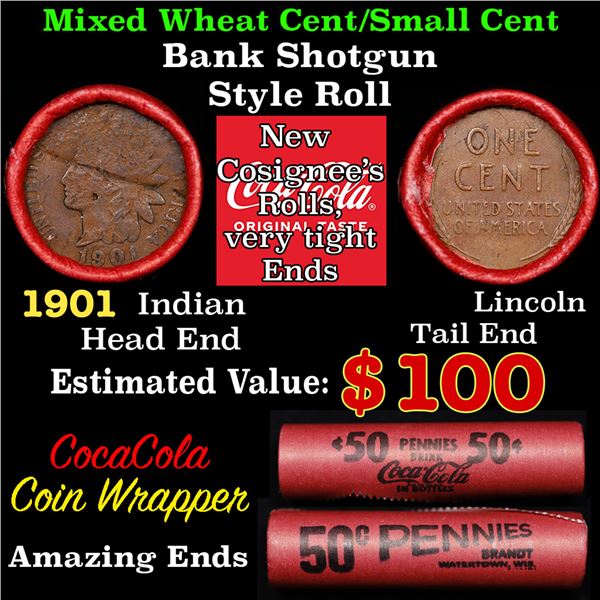 Mixed small cents 1c orig shotgun roll, 1901 Indian Cent,  Lincoln Cent other end, Coca-Cola Brandt 