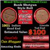 Mixed small cents 1c orig shotgun roll, 1901 Indian Cent,  Lincoln Cent other end, Coca-Cola Brandt 