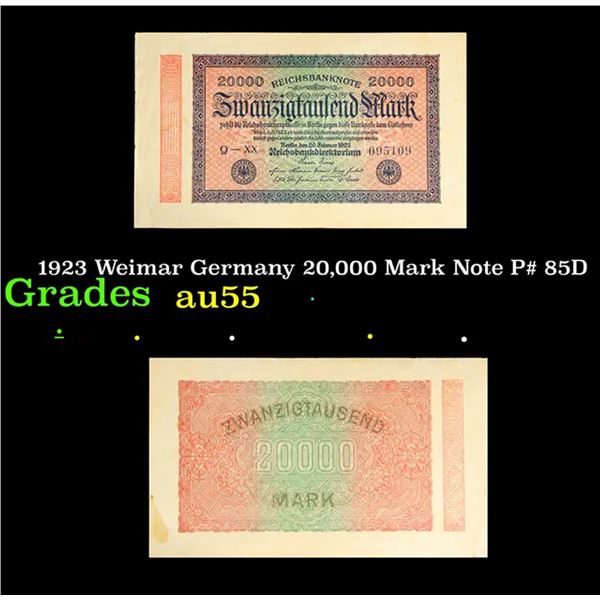 1923 Weimar Germany 20,000 Mark Note P# 85D Grades Choice AU