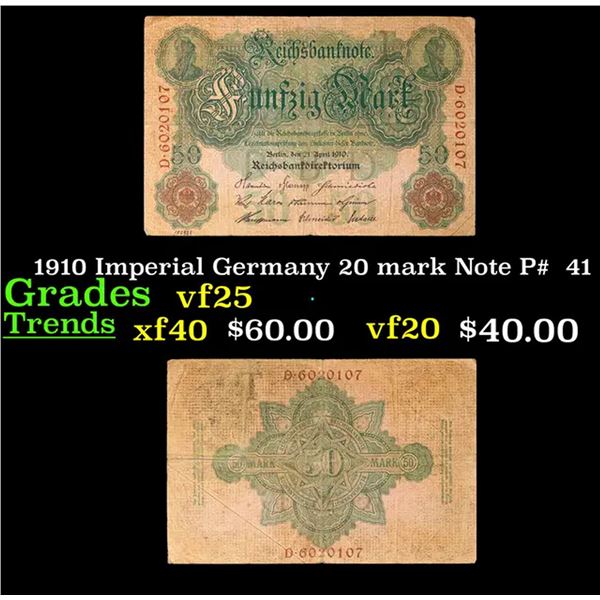 1910 Imperial Germany 20 mark Note P#  41 Grades vf+