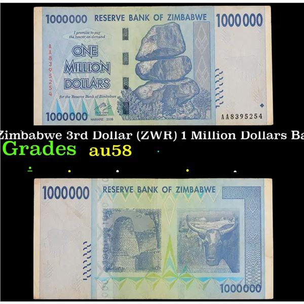 2007-2008 Zimbabwe 3rd Dollar (ZWR) 1 Million Dollars Banknote P# 77 Grades Choice AU/BU Slider