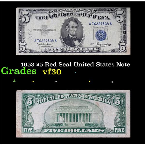 1953 $5 Red Seal United States Note Grades vf++