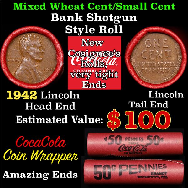 Mixed small cents 1c orig shotgun roll, 1942-p Lincoln Cent, Lincoln Cent other end, Coca-Cola Brand
