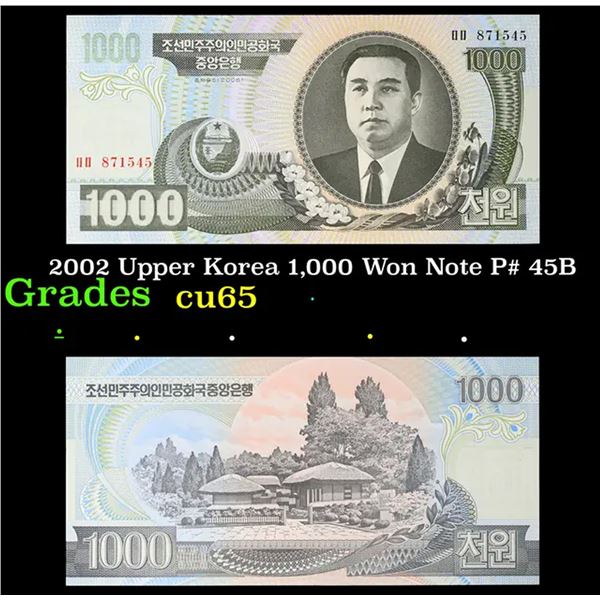 2002 Upper Korea 1,000 Won Note P# 45B Grades Gem CU