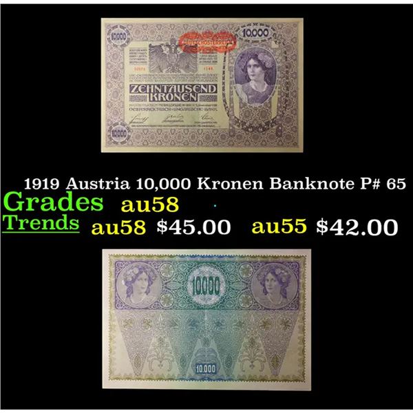 1919 Austria 10,000 Kronen Banknote P# 65 Grades Choice AU/BU Slider