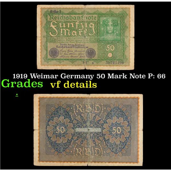 1919 Weimar Germany 50 Mark Note P: 66 Grades vf details