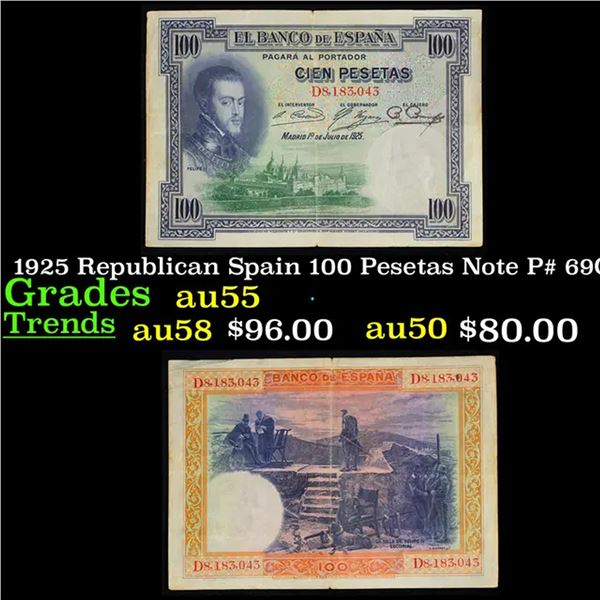 1925 Republican Spain 100 Pesetas Note P# 69C Grades Choice AU