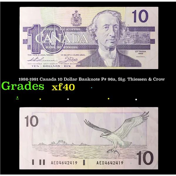 1986-1991 Canada 10 Dollar Banknote P# 96a, Sig. Thiessen & Crow Grades xf