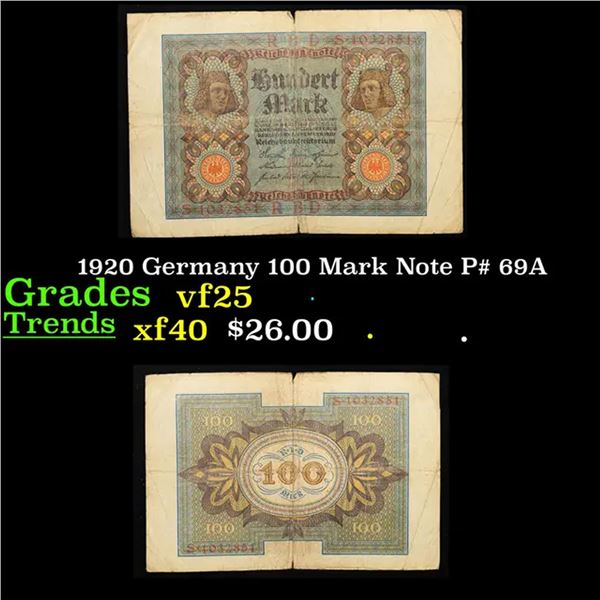 1920 Germany 100 Mark Note P# 69A Grades vf+