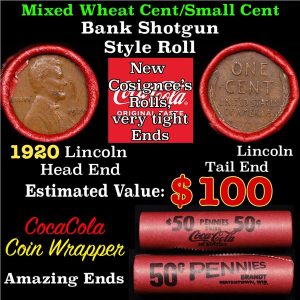 Mixed small cents 1c orig shotgun roll, 1929-p Lincoln Cent, Lincoln Cent other end, Coca-Cola Brand