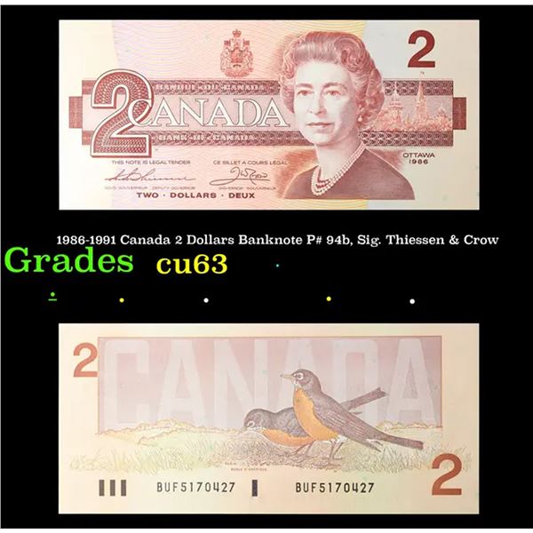 1986-1991 Canada 2 Dollars Banknote P# 94b, Sig. Thiessen & Crow Grades Select CU