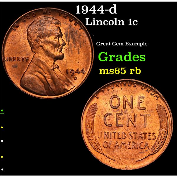 1944-d Lincoln Cent 1c Grades GEM Unc RB