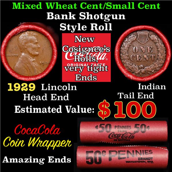 Mixed small cents 1c orig shotgun roll, 1929-p Lincoln Cent, Indian Cent other end, Coca-Cola Brandt