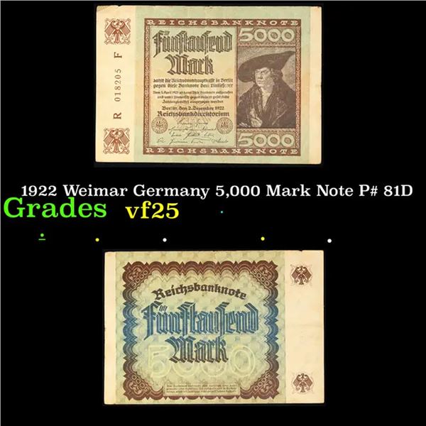 1922 Weimar Germany 5,000 Mark Note P# 81D Grades vf+
