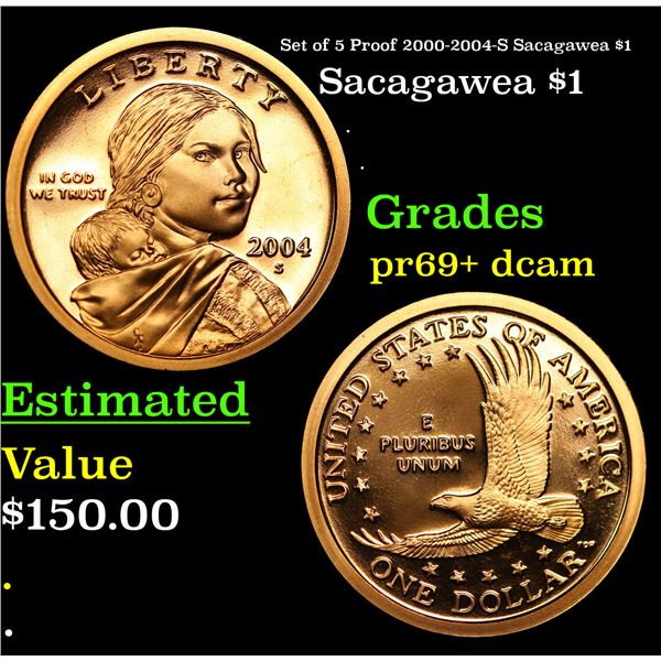 Proof Set of 5 Proof 2000-2004-S Sacagawea $1 Sacagawea Dollar $1 Grades GEM++ Proof Deep Cameo