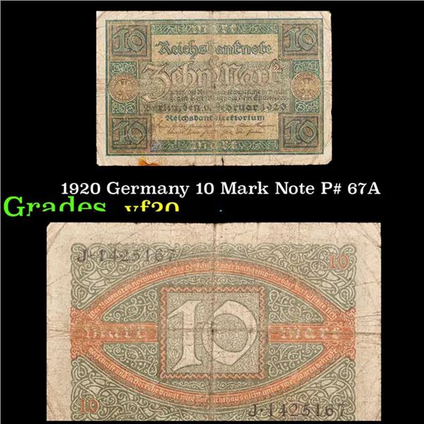1920 Germany 10 Mark Note P# 67A Grades vf, very fine