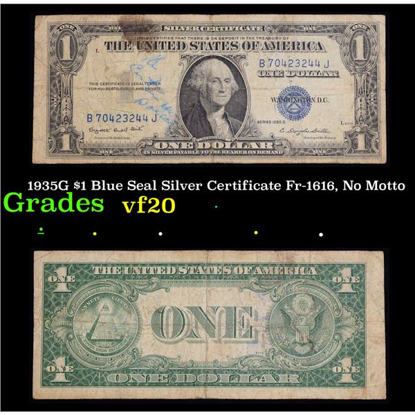 1935G $1 Blue Seal Silver Certificate Fr-1616, No Motto Grades vf, very fine