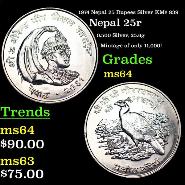 1974 Nepal 25 Rupees Silver KM# 839 Grades Choice Unc