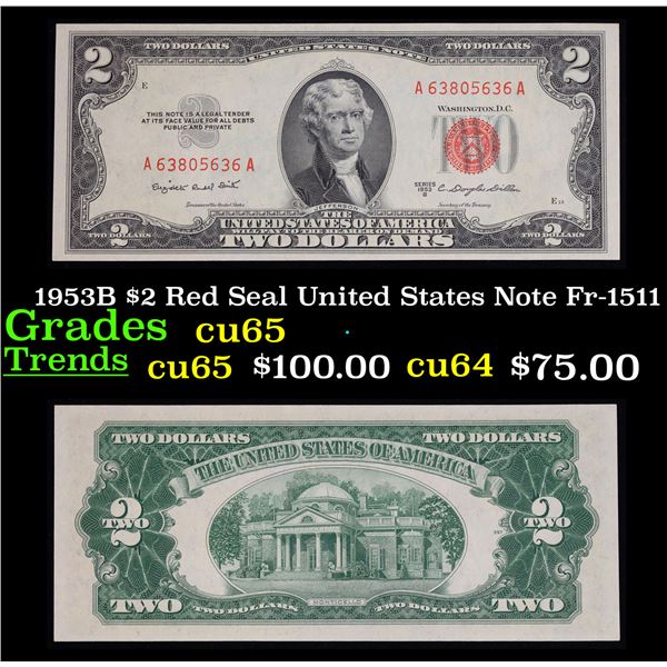 1953B $2 Red Seal United States Note Fr-1511 Grades Gem CU