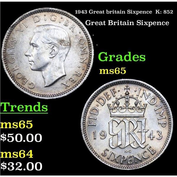 1943 Great britain Sixpence  K: 852 Grades GEM Unc
