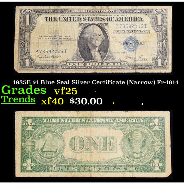 1935E $1 Blue Seal Silver Certificate (Narrow) Fr-1614 Grades vf+