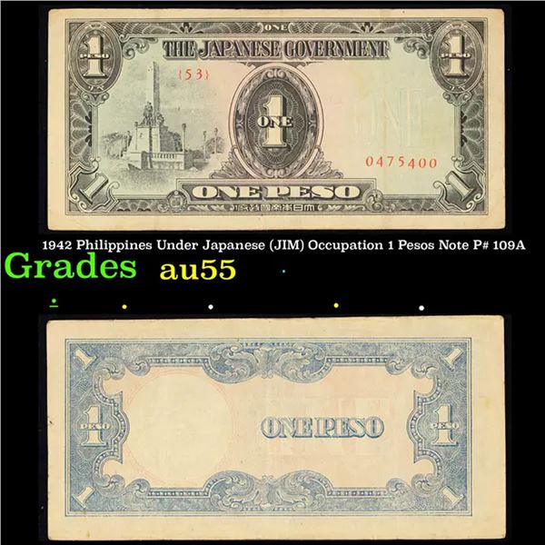 1942 Philippines Under Japanese (JIM) Occupation 1 Pesos Note P# 109A Grades Choice AU