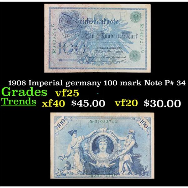 1908 Imperial germany 100 mark Note P# 34 Grades vf+