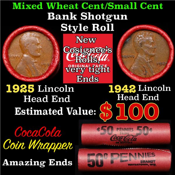Mixed small cents 1c orig shotgun roll, 1942-p Lincoln Cent, 1925-p Lincoln Cent other end, Coca-Col