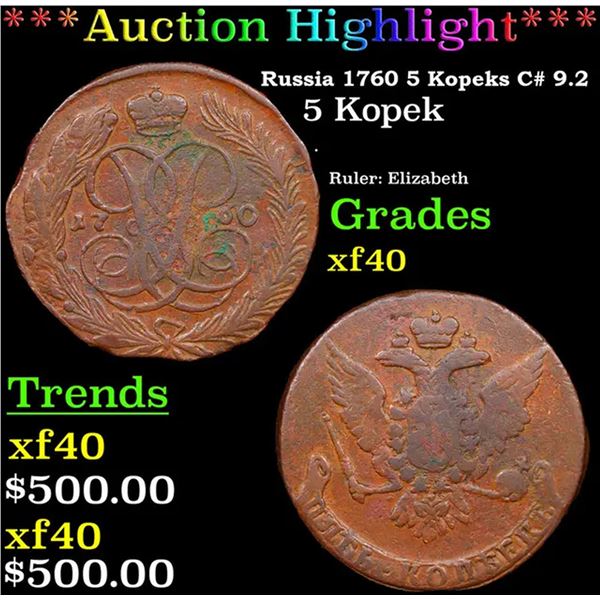 ***Auction Highlight*** Russia 1760 5 Kopeks C# 9.2 Grades xf By SEGS (fc)