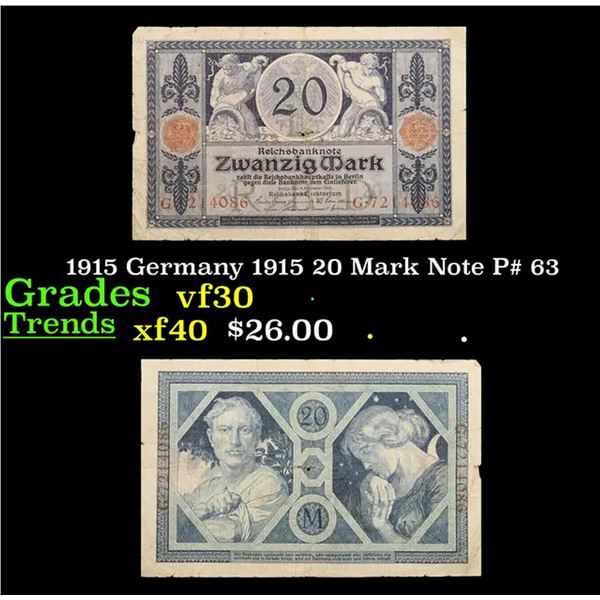 1915 Germany 1915 20 Mark Note P# 63 Grades vf++