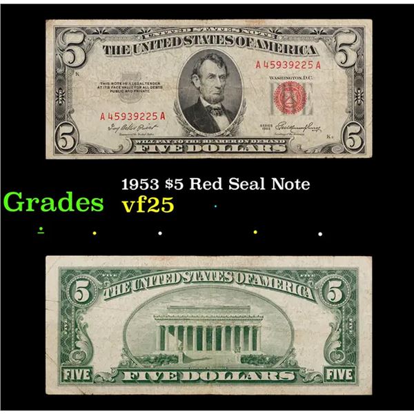 1953 $5 Red Seal Note Grades vf+