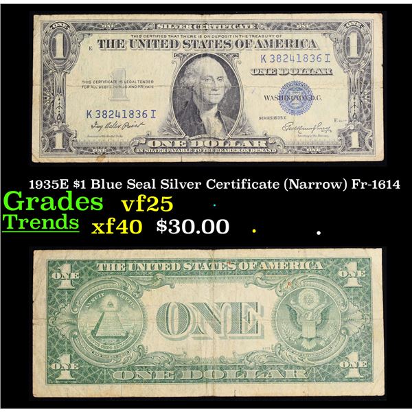 1935E $1 Blue Seal Silver Certificate (Narrow) Fr-1614 Grades vf+