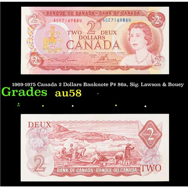 1969-1975 Canada 2 Dollars Banknote P# 86a, Sig. Lawson & Bouey Grades Choice AU/BU Slider