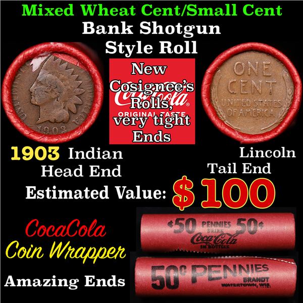 Mixed small cents 1c orig shotgun roll, 1903 Indian Cent,  Lincoln Cent other end, Coca-Cola Brandt 