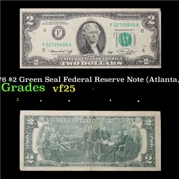 1976 $2 Green Seal Federal Reserve Note (Atlanta, GA) Grades vf+
