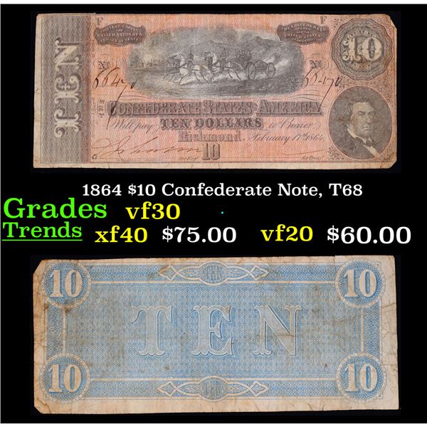 1864 $10 Confederate Note, T68 Grades vf++