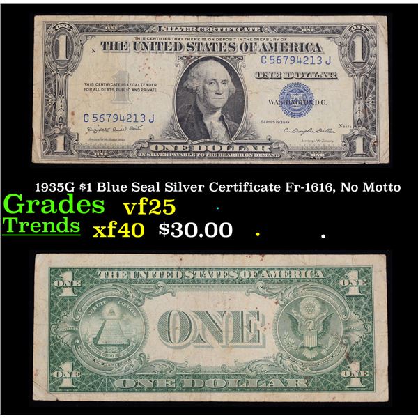 1935G $1 Blue Seal Silver Certificate Fr-1616, No Motto Grades vf+