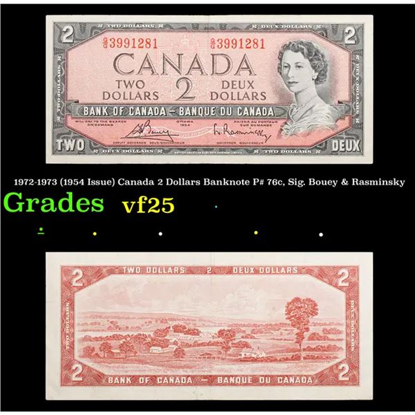 1972-1973 (1954 Issue) Canada 2 Dollars Banknote P# 76c, Sig. Bouey & Rasminsky Grades vf+