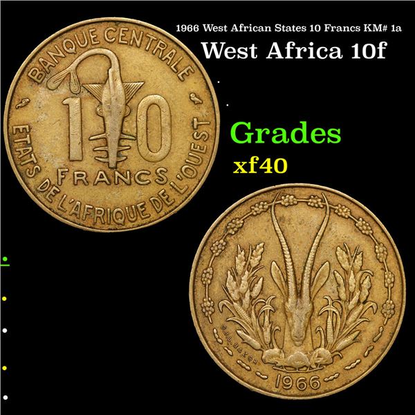 1966 West African States 10 Francs KM# 1a Grades xf