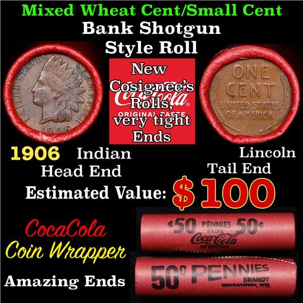 Mixed small cents 1c orig shotgun roll, 1906 Indian Cent, Lincoln Cent other end, Coca-Cola Brandt W