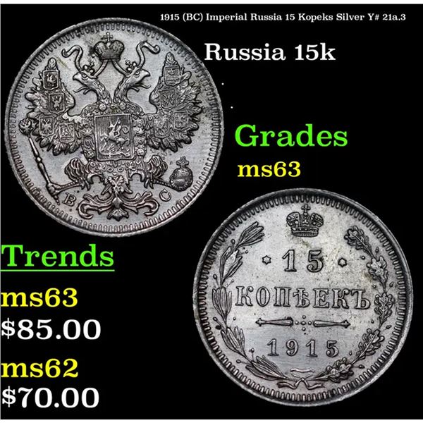 1915 (BC) Imperial Russia 15 Kopeks Silver Y# 21a.3 Grades Select Unc