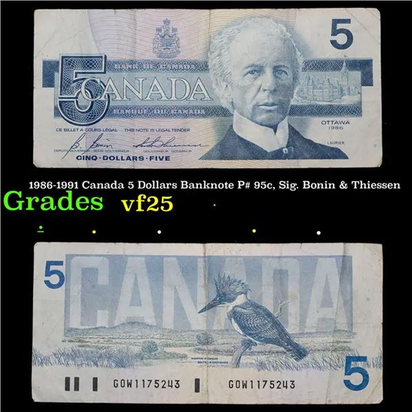 1986-1991 Canada 5 Dollars Banknote P# 95c, Sig. Bonin & Thiessen Grades vf+