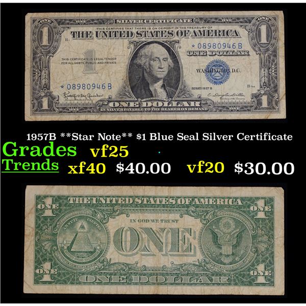 1957B **Star Note** $1 Blue Seal Silver Certificate Grades vf+