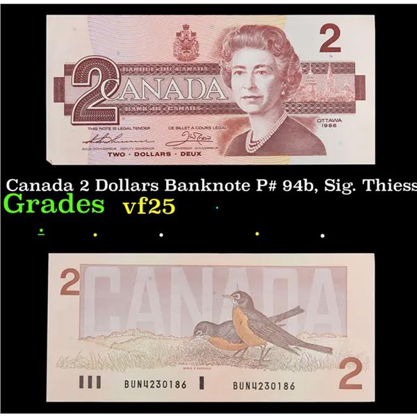 1986-1991 Canada 2 Dollars Banknote P# 94b, Sig. Thiessen & Crow Grades vf+