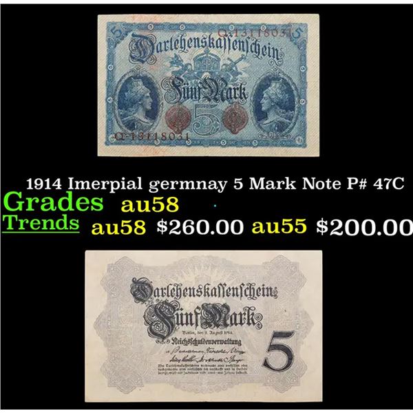 1914 Imperial Germany 5 Mark Note P# 47C Grades Choice AU/BU Slider